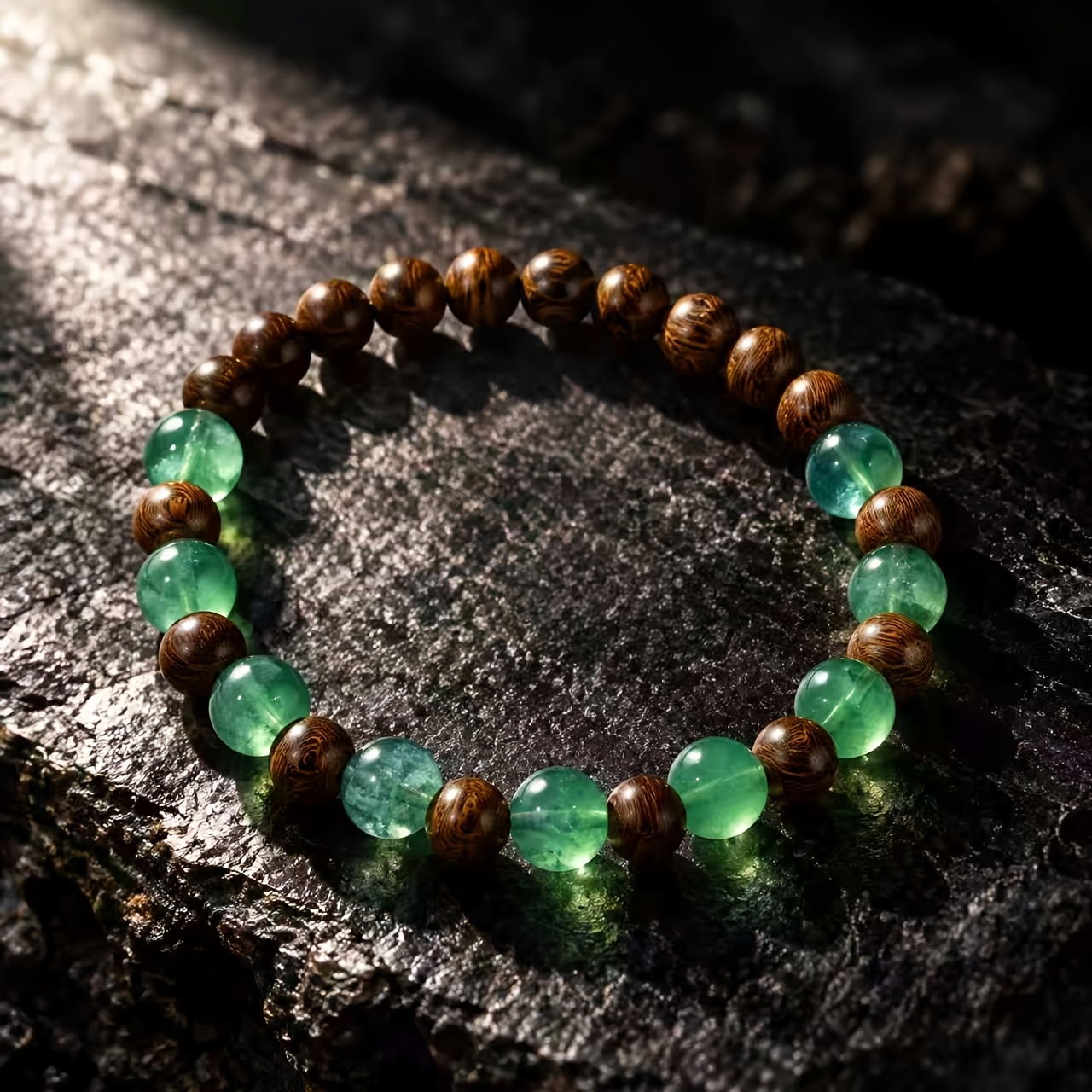 Vintage Bohemian Green Wood Grain Beaded Bracelet, Versatile Wear