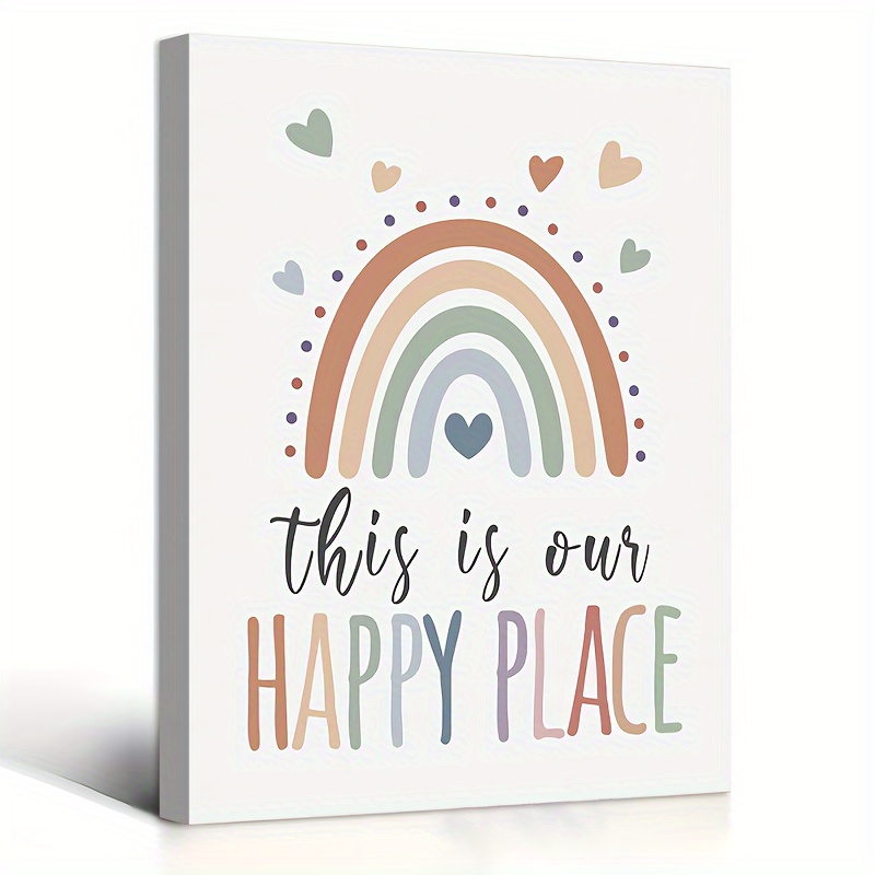 

1pc Wooden Framed Canvas Painting, This Is Our Happy Place Rainbow Wall Art, Classroom Wall Art Prints Decor, Boho Nursery Canvas Wall Prints Decor For Playroom Bedroom Reading 11.8inch*15.7inch