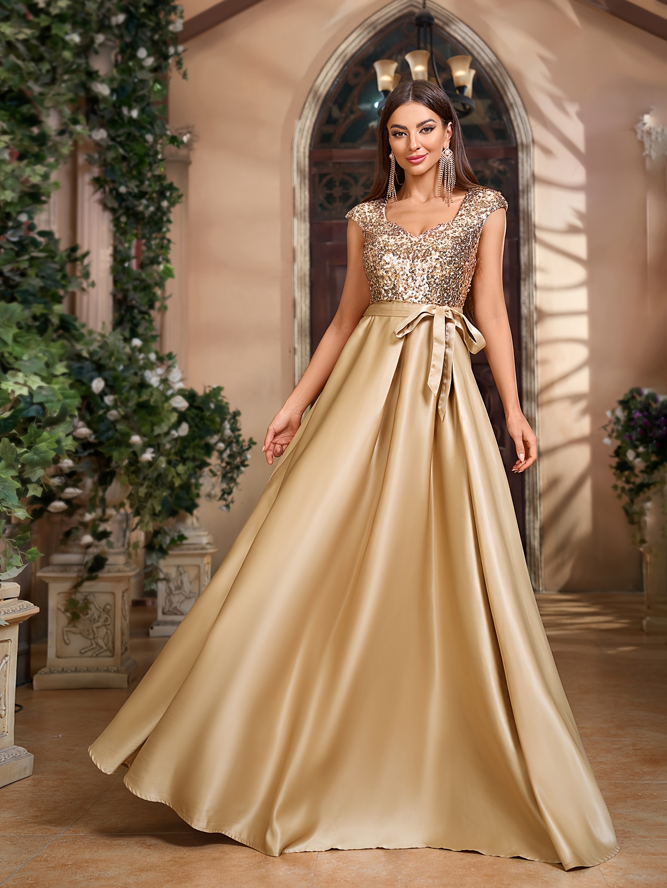 Short Sleeve Bow Belt Sequin Dress, Family Gathering Birthday Party Dress,  Elegant and Fashionable Dress, Women's Long Dress, Party Dress, 2025 New St