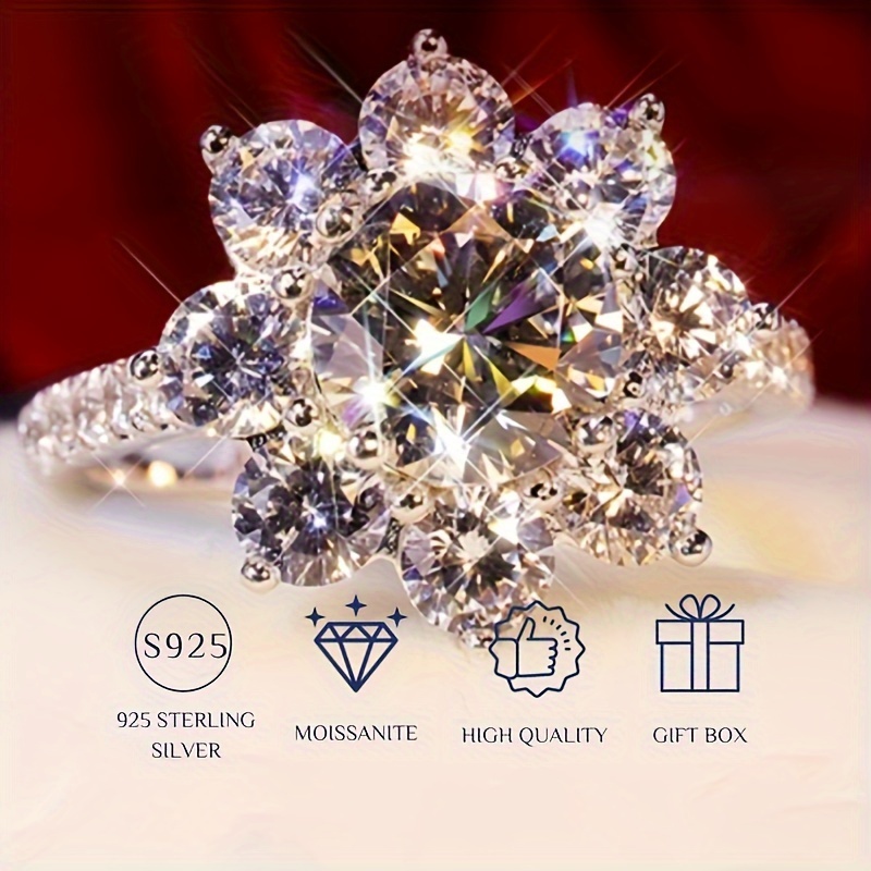 

925 Sterling Silver Elegant 1ct Moissanite Flower Design Halo Ring Luxurious Sparkling Engagement Ring, Promise Wedding Jewelry Gifts For Women