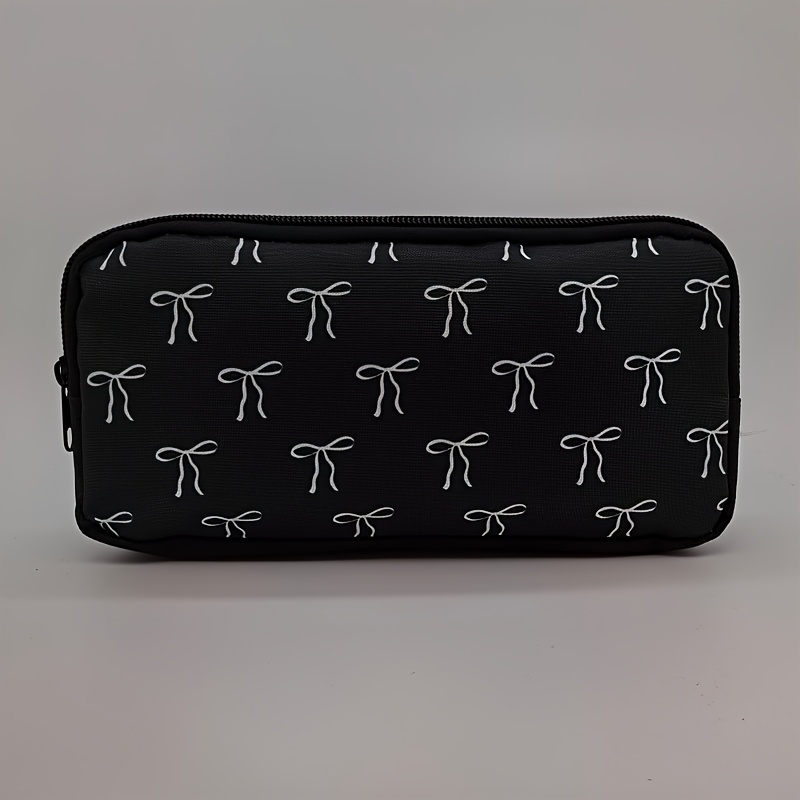 TEMU 1pc, White Bow On Black Background, Pattern Pencil Case, Zipper Closure, Reusable, Desktop Organization, Design, Suitable For, Daily Use,