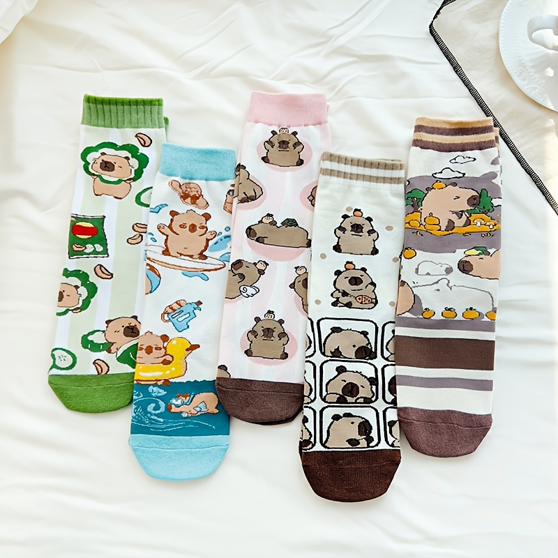 Image of 5 Pairs Women's Cute Cartoon Capybara Ankle Socks - Whimsical Animal Patterns, Vibrant Colors, Soft Breathable Fabric, Machine Washable For Casual & Lounge Wear, Cute Socks, Sock Patterns