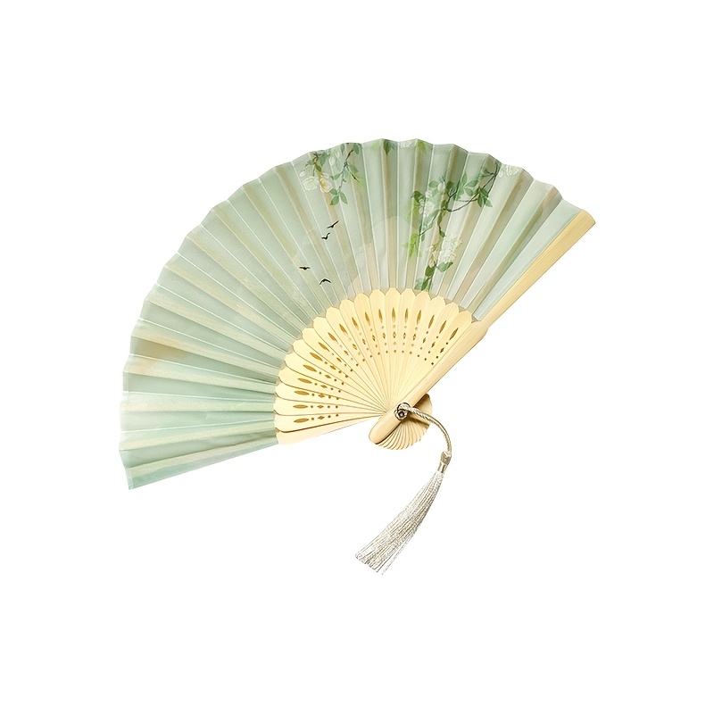 TEMU 16cm Mini Pocket Floral Bird Print Folding Fan, Portable Tiny Bamboo Hand Fan With Tassel For Women Hanfu Decor Gift