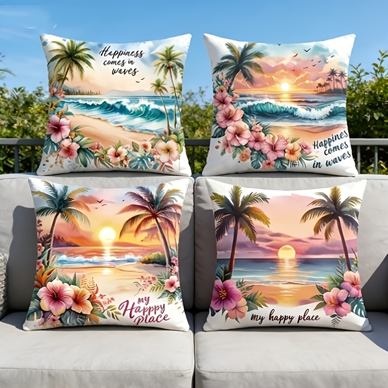 TEMU 4pcs Tropical Beach Sunset Decorative Pillow Covers, Inspirational Quotes, Vibrant Coastal Scenery, Machine Washable With Zipper Closure (insert