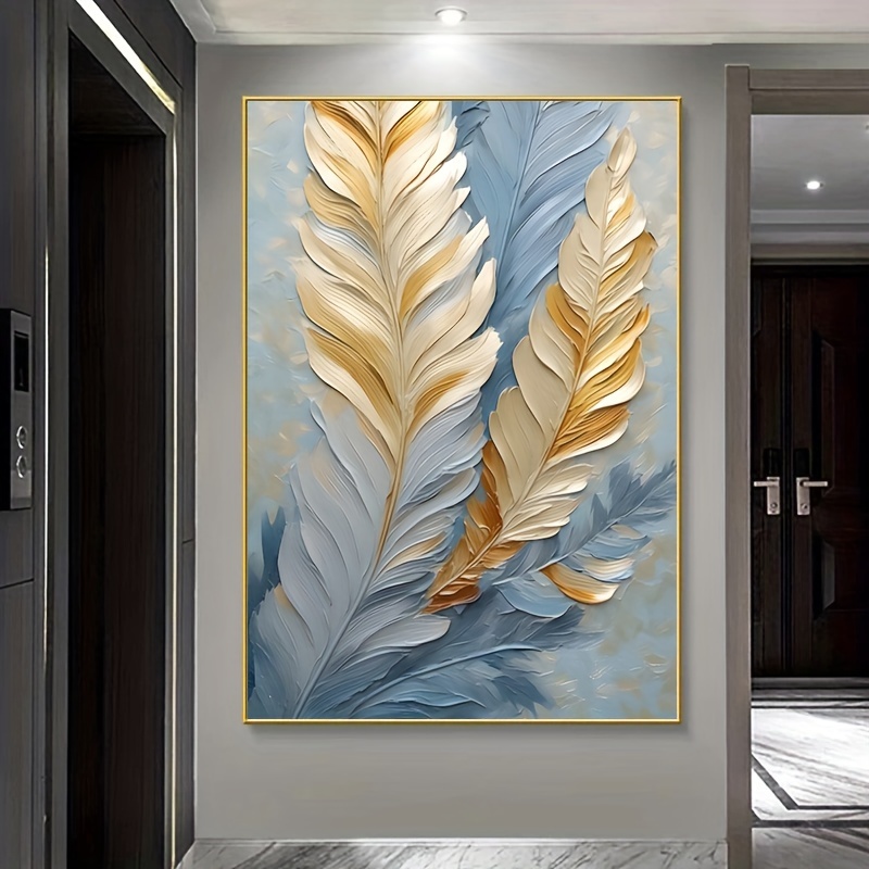 

Golden & White Feather Canvas Painting, Wall Art Print, 1pc Modern Vintage Decorative Poster For Bedroom And Living Room, 31.49 .24 Inches