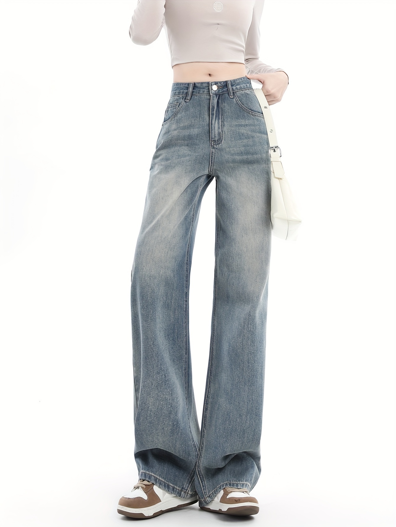 Plain Double Button Straight Jeans Loose Fit High Waist Wide - Temu