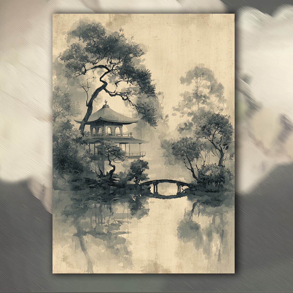 TEMU 2D Flach, 2D Flach, 1 Stück Aquarell-Kunstwerk, das ein japanisches Zen-Garten darstellt, mit einem minimalistischen Landschaftsbild mit einer