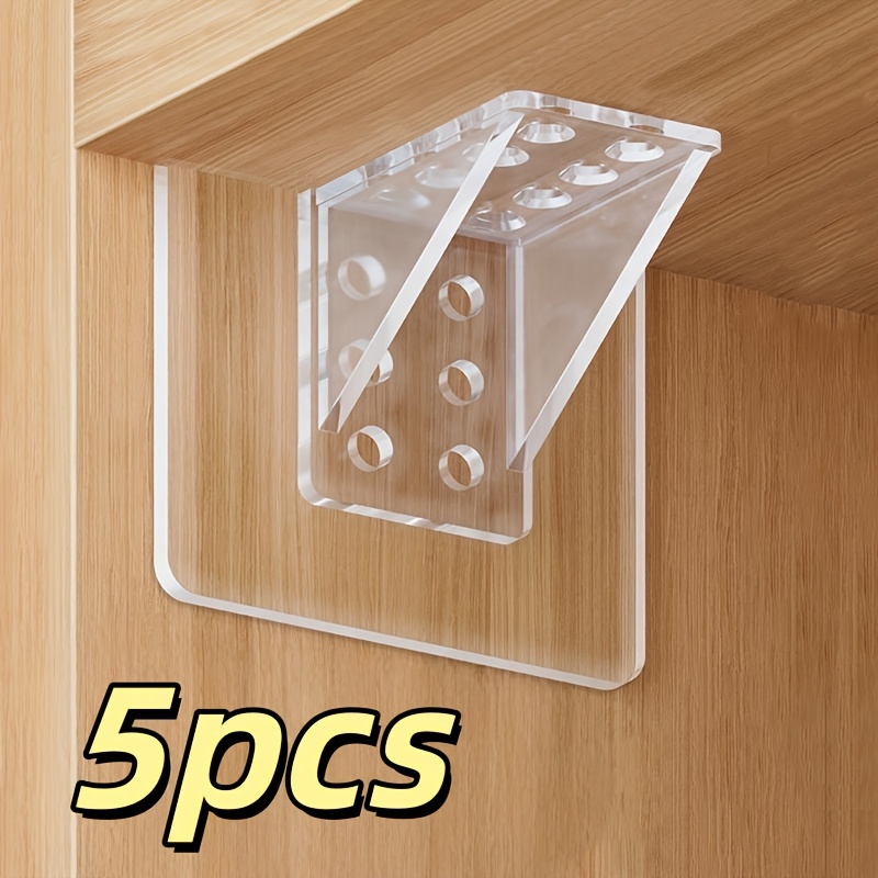 TEMU 5pcs Heavy-duty Transparent Self-adhesive Shelf Supports & Hooks - No-drill Damage-free Reinforced Shelf Liners Suitable For Hanging Clothes,