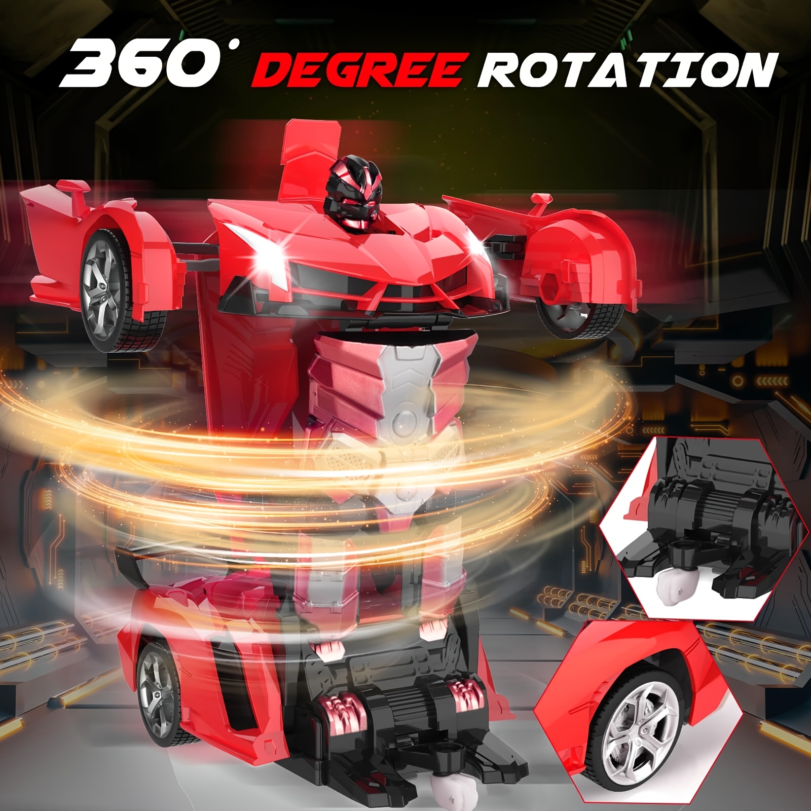 Red Transforming Robot Car With LED Headlights, 2.4Ghz Remote Control, 360° Rotating Drift, One-Button Deformation, Cool Flashing Lights, Durable ABS Plastic, Perfect Gift For Boys And Girls