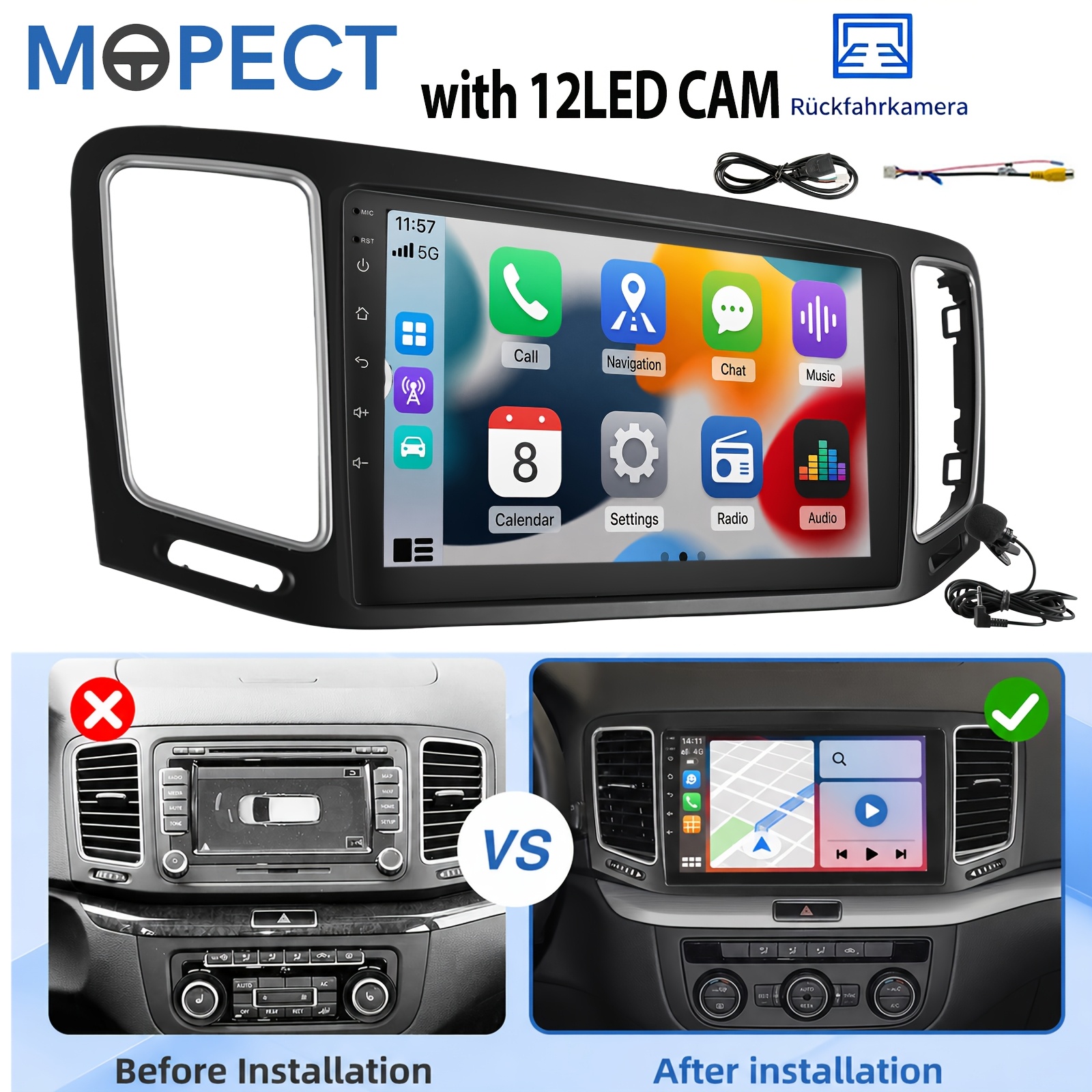 Image of Mopect 16 Smart Radio For Vw Ii 7n 2012-2018 | 9-inch Ips Display | & Auto | 2+16gb Storage | | Supports Swc & Rds Fm | Wifi | Microphone And 12led Camera