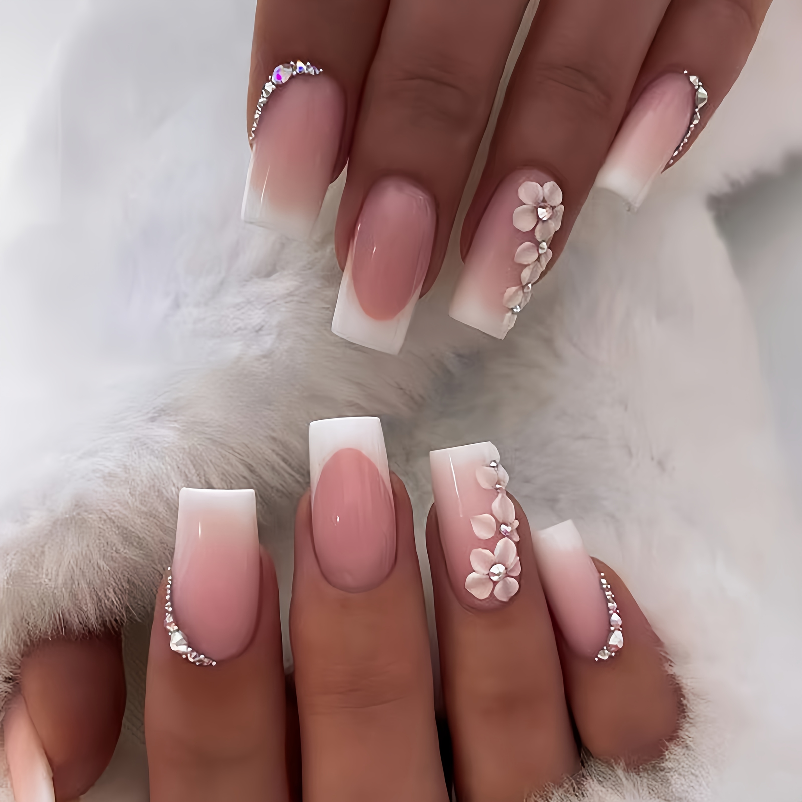 Image of Elegant Long Nail Extensions With Sparkling Rhinestones And Floral Accents - Weddings, Parties, Or Everyday Wear, Wedding Nails | Elegant Nail Design | Glossy Finish