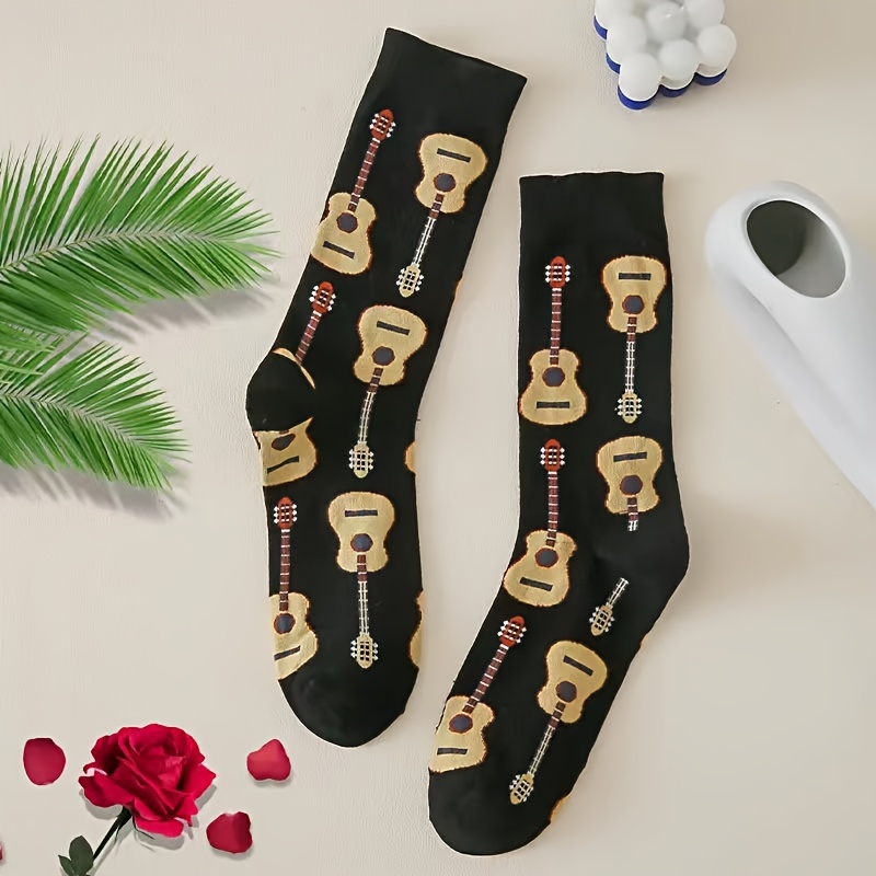 

Men's Guitar Socks - Breathable Polyester, Cartoon Design, Knit Fabric