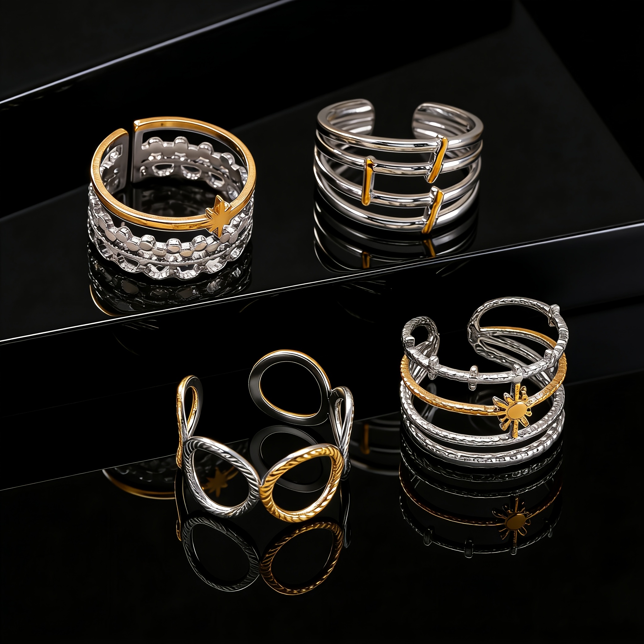 TEMU 4 Fashionable 304 Stainless Steel Open Rings, Plated With, Suitable For Daily Wear, Cute And And