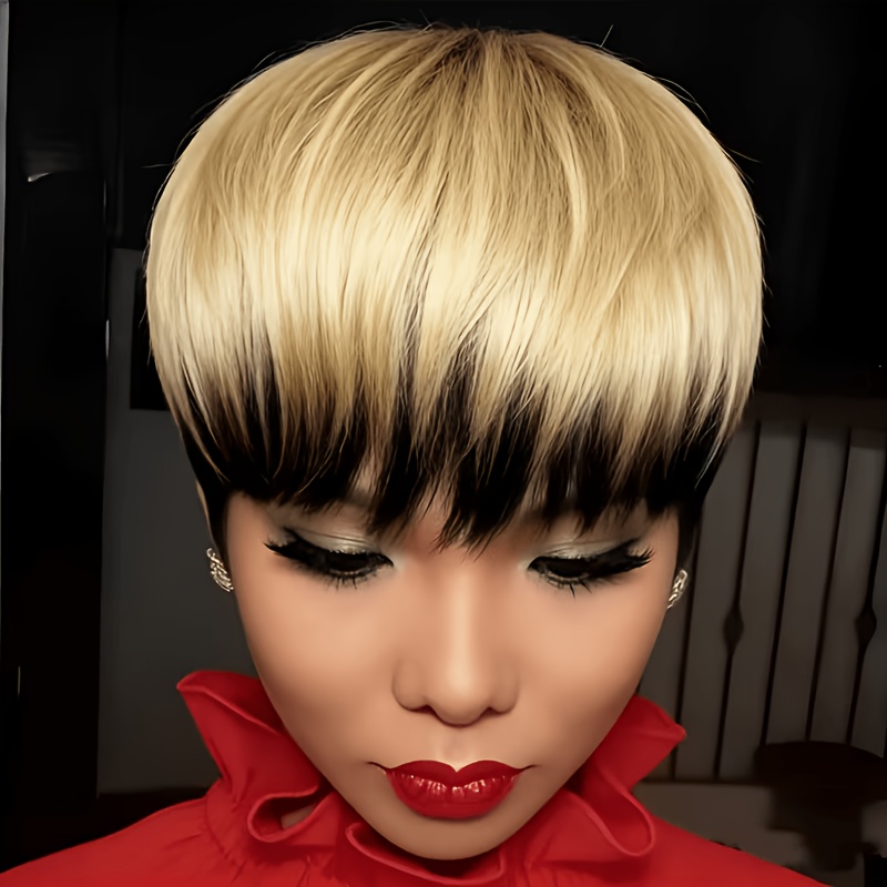 TEMU Perruque courte et lisse pour femmes, 1B/4/27 blonde avec des touches de noir, cheveux humains avec frange - Perruque intégrale ombre blonde