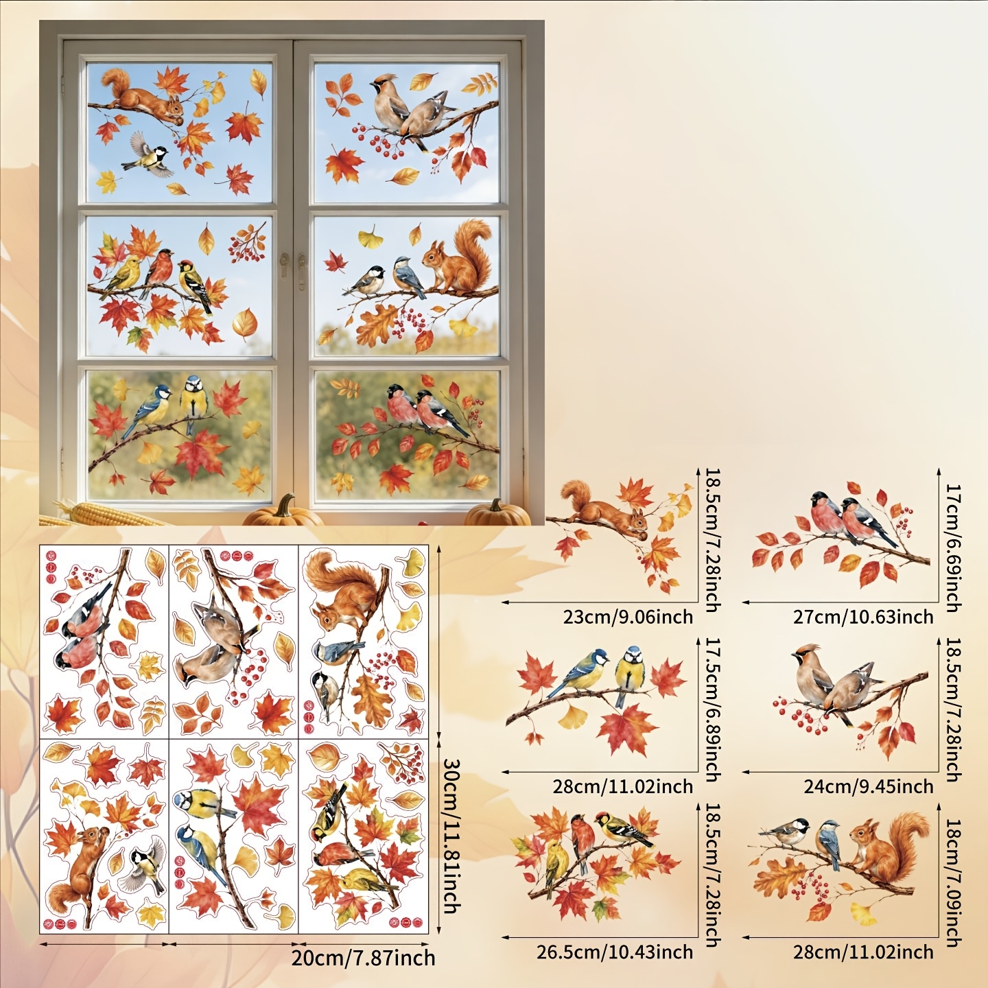 TEMU 6 Sheets 32pcs Thanksgiving Window Stickers Tear-off And Sticky Without Residue Double-sided Static Stickers - Autumn Branches With And Berries,