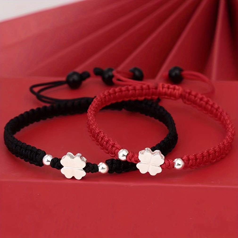 

1pc Chinese Style Black/ Red Rope Braided Bracelet With Mini Clover Beads Adjustable Hand Rope Jewelry For Couples Valentine's Day Gift