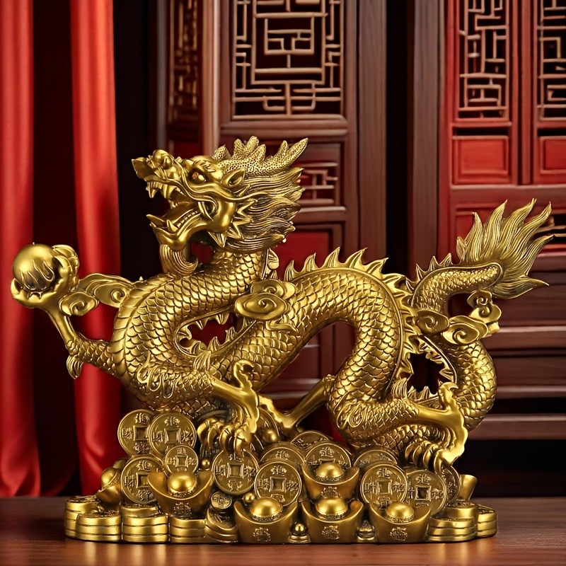 

Dragon Figurine - Golden Copper , Five-clawed Chinese Dragon Statue For & , Office Or Living Room Decor