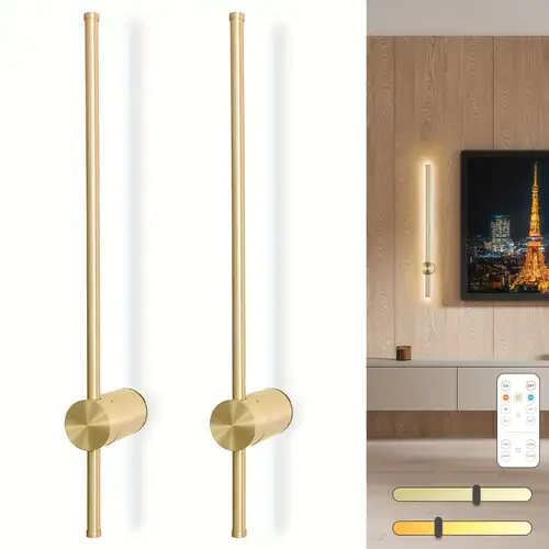 Wireless Gold Wall Sconces Set Of 2 – Battery Powered LED Lamps With Remote, Dimmable RGB & Warm Light, Linen Shades, No Wiring Needed For Bedroom Or Hallway