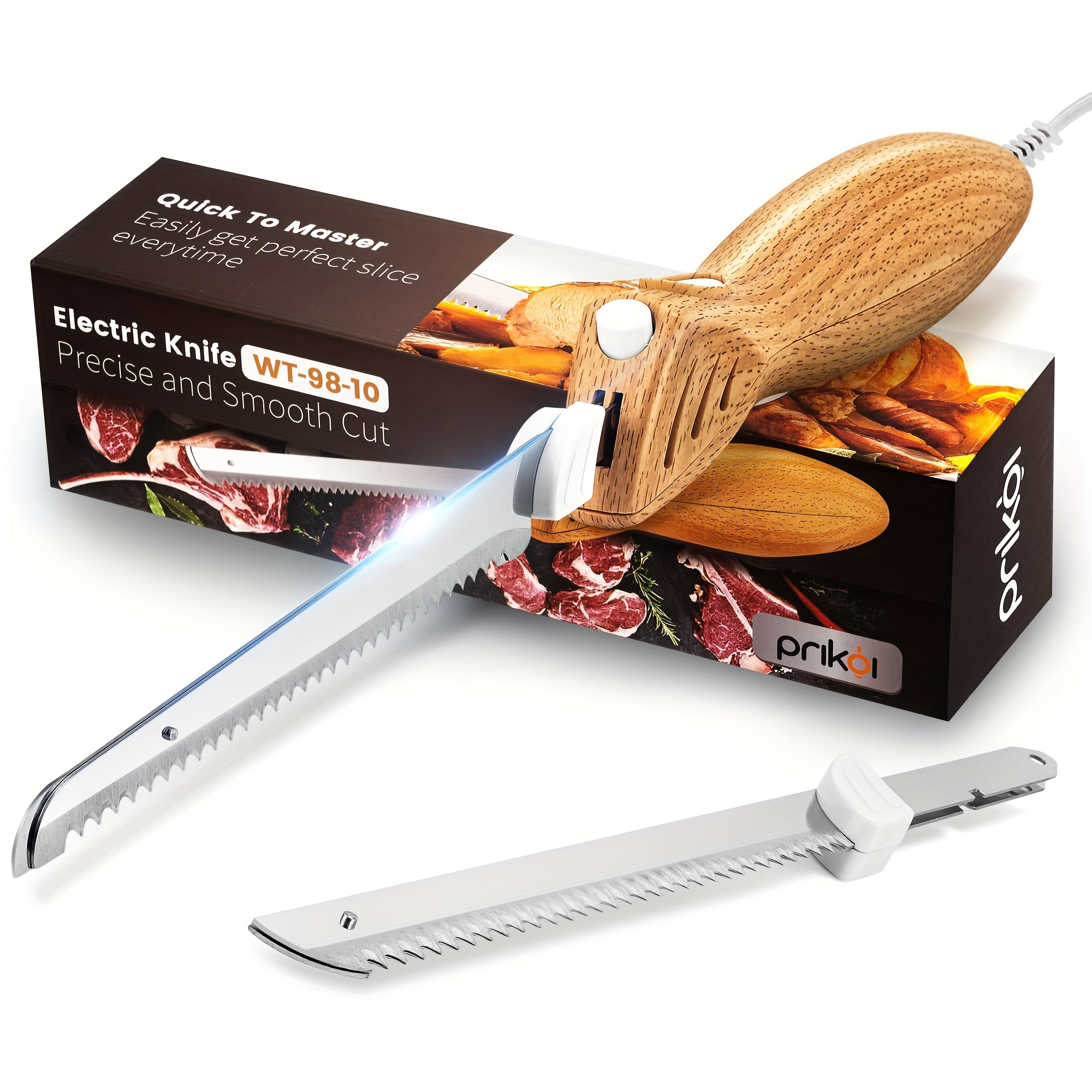 

Susteas Electric Knife - Easy-slice Serrated Edge Blades For Carving Meat, Bread, Turkey, Ribs, Fillet, Diy, Ergonomic Handle + 2 Blades For Raw & Cooked Food (faux Wood)