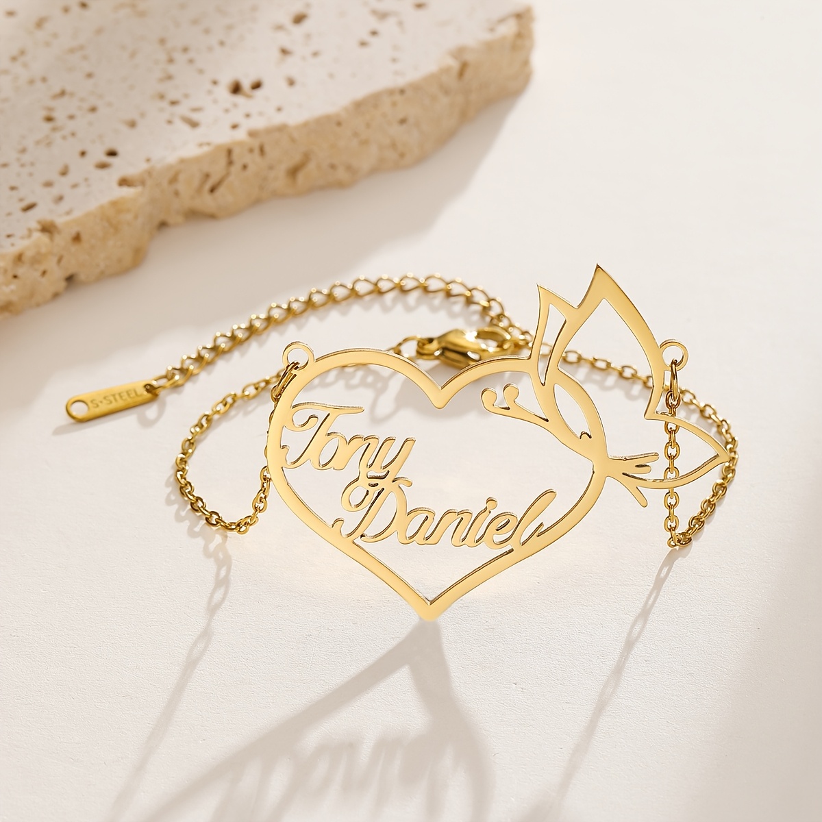 Customizable Stainless Steel Heart & Butterfly Bracelet