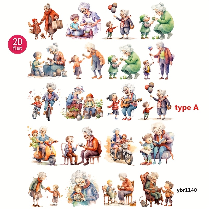 Image of 1 Pack Grandma And Granddaughter Stickers Warm Family Interaction Pattern Aesthetic Stickers Craft Diary Sticker Packs Irregular 2d Flat Self-adhesive Sticker Scrapbooking Supplies
