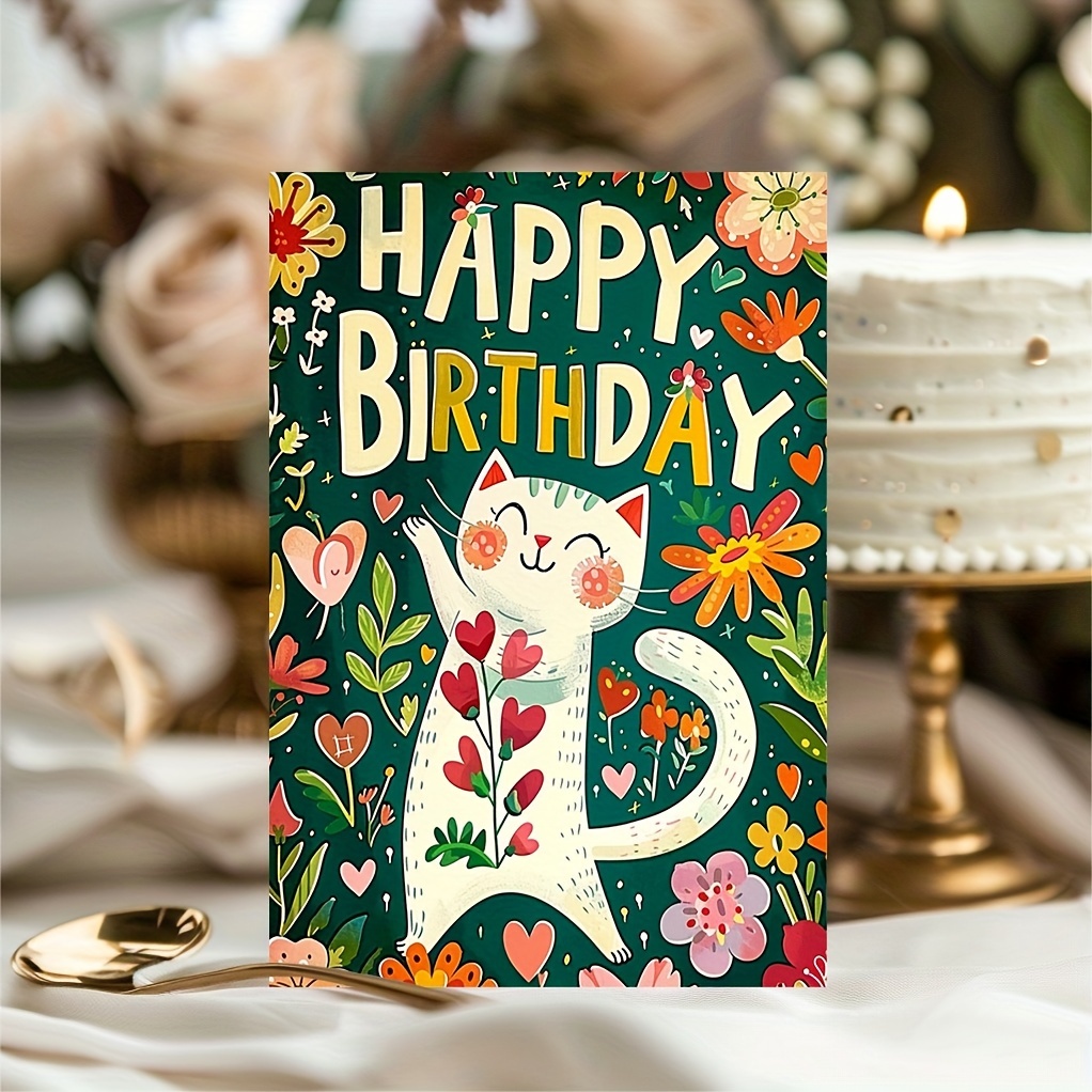 

1pc Charming Cartoon Animal Birthday Greeting Card For Children With Envelope - Premium Paper, Customizable, Vibrant Illustrated Cat & Floral Design For Kids