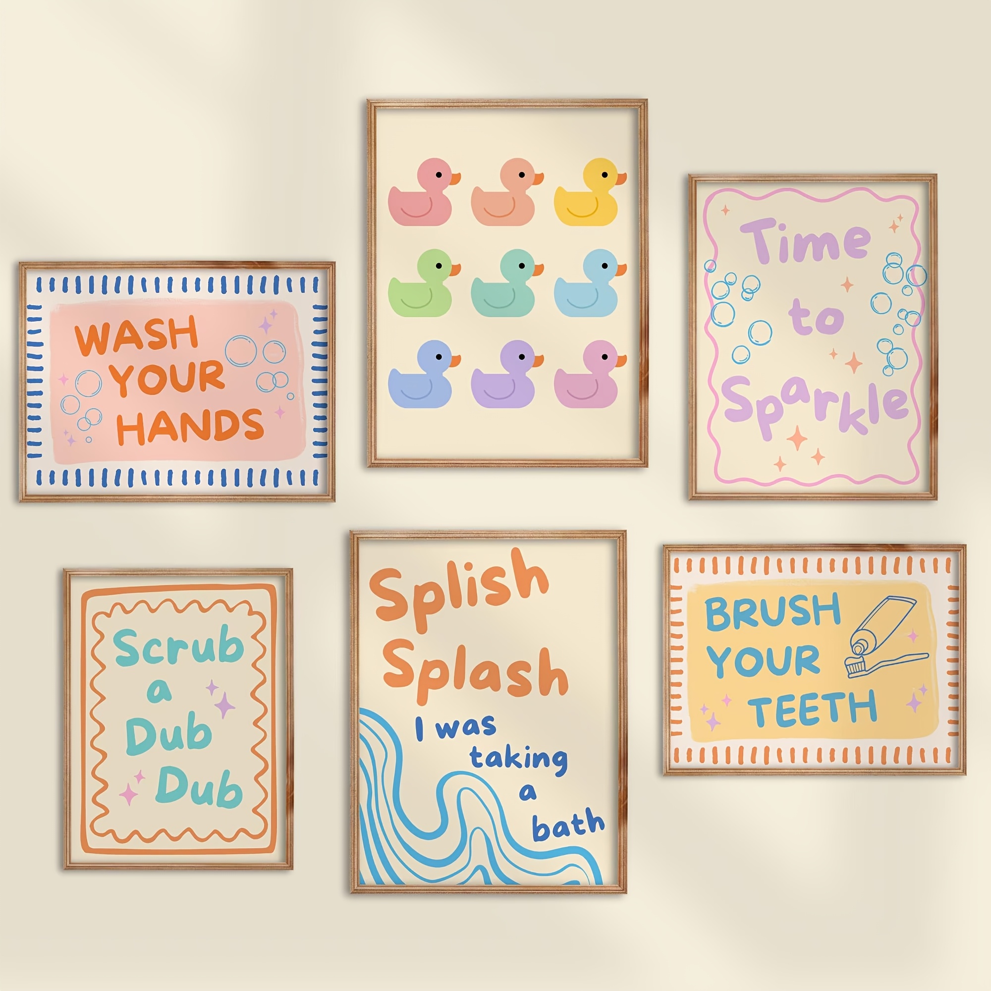 TEMU 2d Flat, 6pcs Frameless Canvas Poster Set, Modern Art, Bathroom Theme Cute Duck Handwashing Slogan Print, Wall Art Canvas Painting, Bedroom