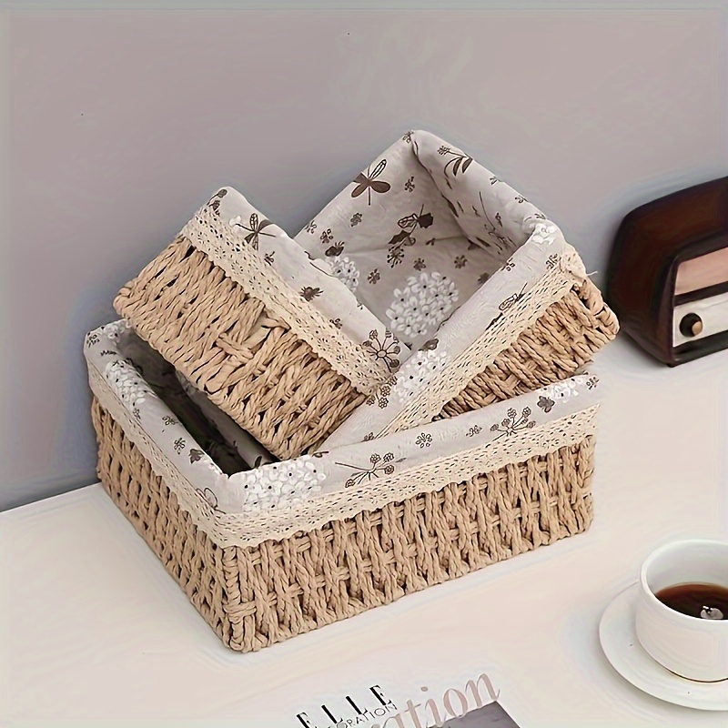 TEMU 3pcs Ldq Handmade Rattan Storage Baskets With Lace Accents, Vintage Rustic Style Woven Organizer For Cosmetics And Sundries, Fragrance-free Paper Liner