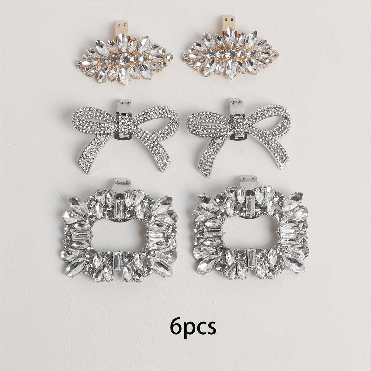 TEMU 6pcs Exquisite Popular White Artificial Crystal Rhinestone Square Bow Alloy Shoe Clips Detachable High-heeled Shoe Buckles Sneakers Shoe Flowers