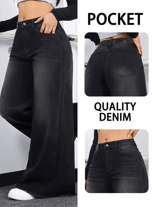 womens black loose wide leg frayed edge fashion new tassel design wide leg jeans a line flared