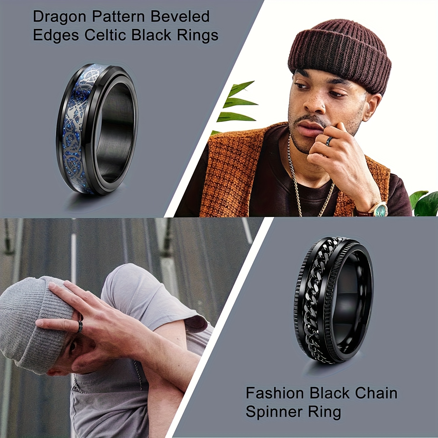 12pcs spinner rings 316l stainless steel fidget ring anxiety ring for men dragon pattern   edges celtic black rings stress relieving wedding pormise band ring set Product details 0