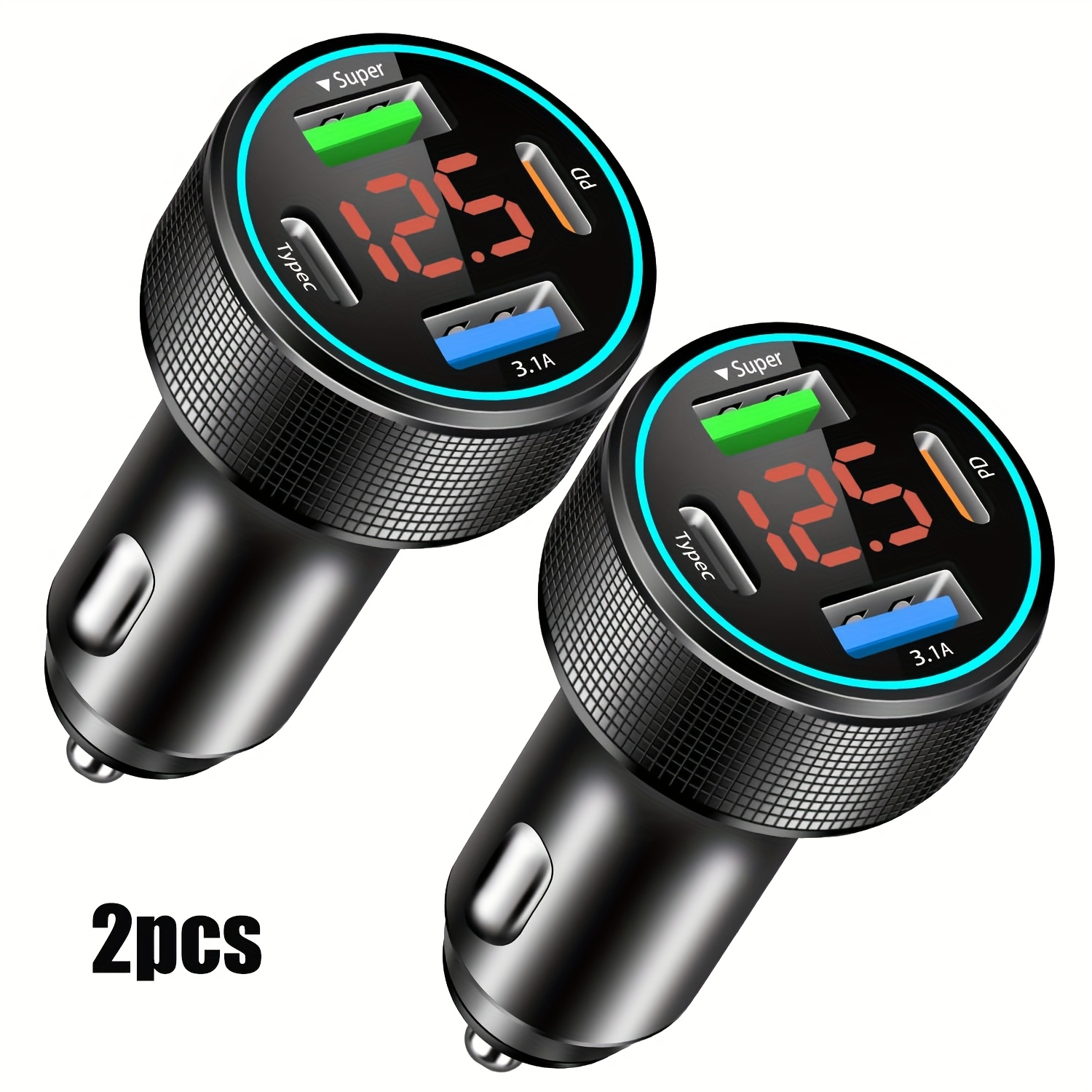 TEMU 2pcs 66w Usb C Car Charger 4 Port Car Charger Adapter With 30w Pd, 3.1a Aluminium Alloy Car Socket Lighter Usb Charger With Led Voltmeter Compatible With Phone