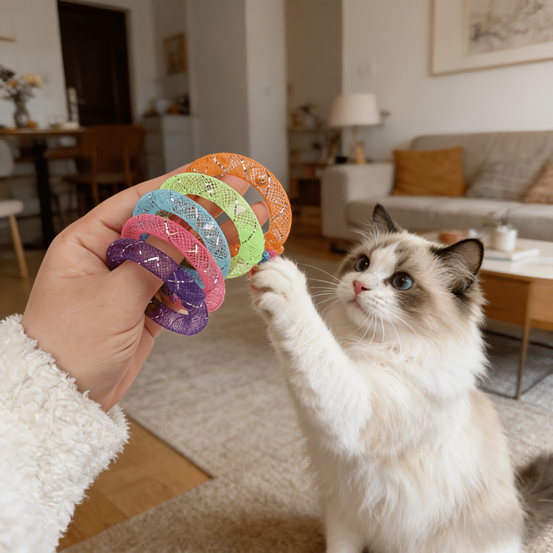 random color 2pcs cat toys soft mesh tube cat self entertainment donut bell   self entertainment boredom relief chewing toy suitable for all cats to play without battery Product details 4