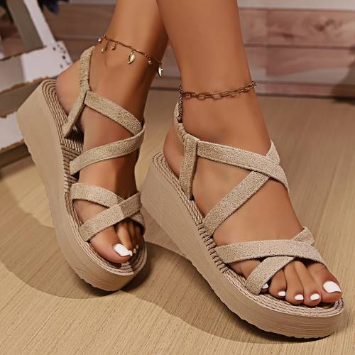 rope grass braided wedge sandals womens outdoor height increasing thick soled flip flops beach sandals women shoes