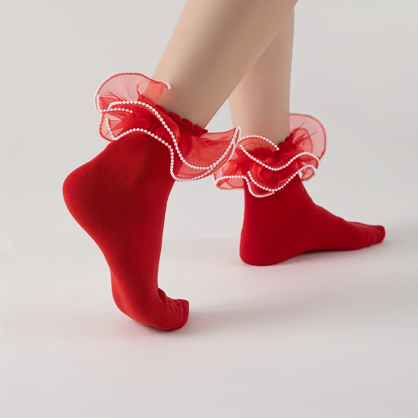 TEMU 1 Pair Women's Red Mid-calf Socks With And Pearl Lace Trim, Suitable For Dance, Parties, And Casual Wear