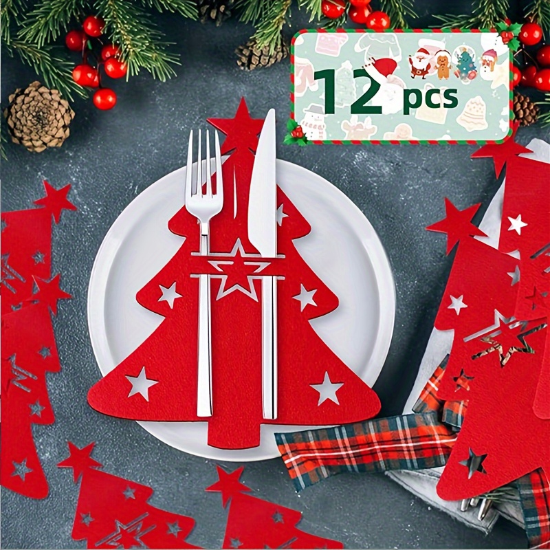 

12pcs, Cutlery Bag, Christmas Theme Placemat, Christmas Felt Knife And Fork Set, Christmas Tree Cutlery Bag Decoration Table Mat, Cup Mat, Kitchen Supplies, Christmas Decor