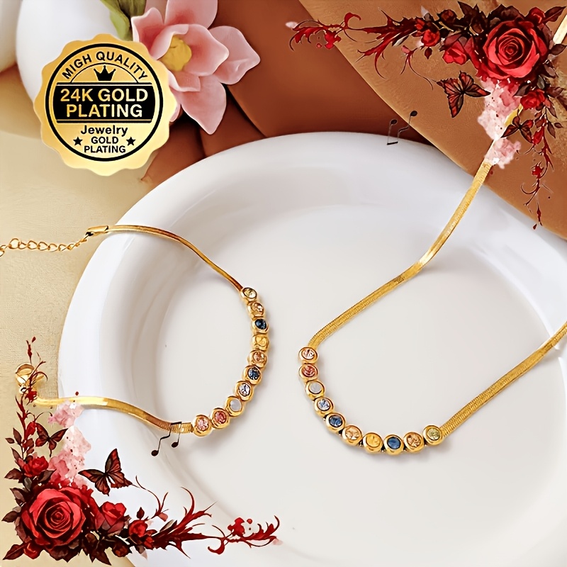 TEMU New 2pcs 24k Golden Plated Set Women's Fashion Temperament Vintage Necklace Women's Colored Zirconia Snake Bone Chain Western Trendy Outfit