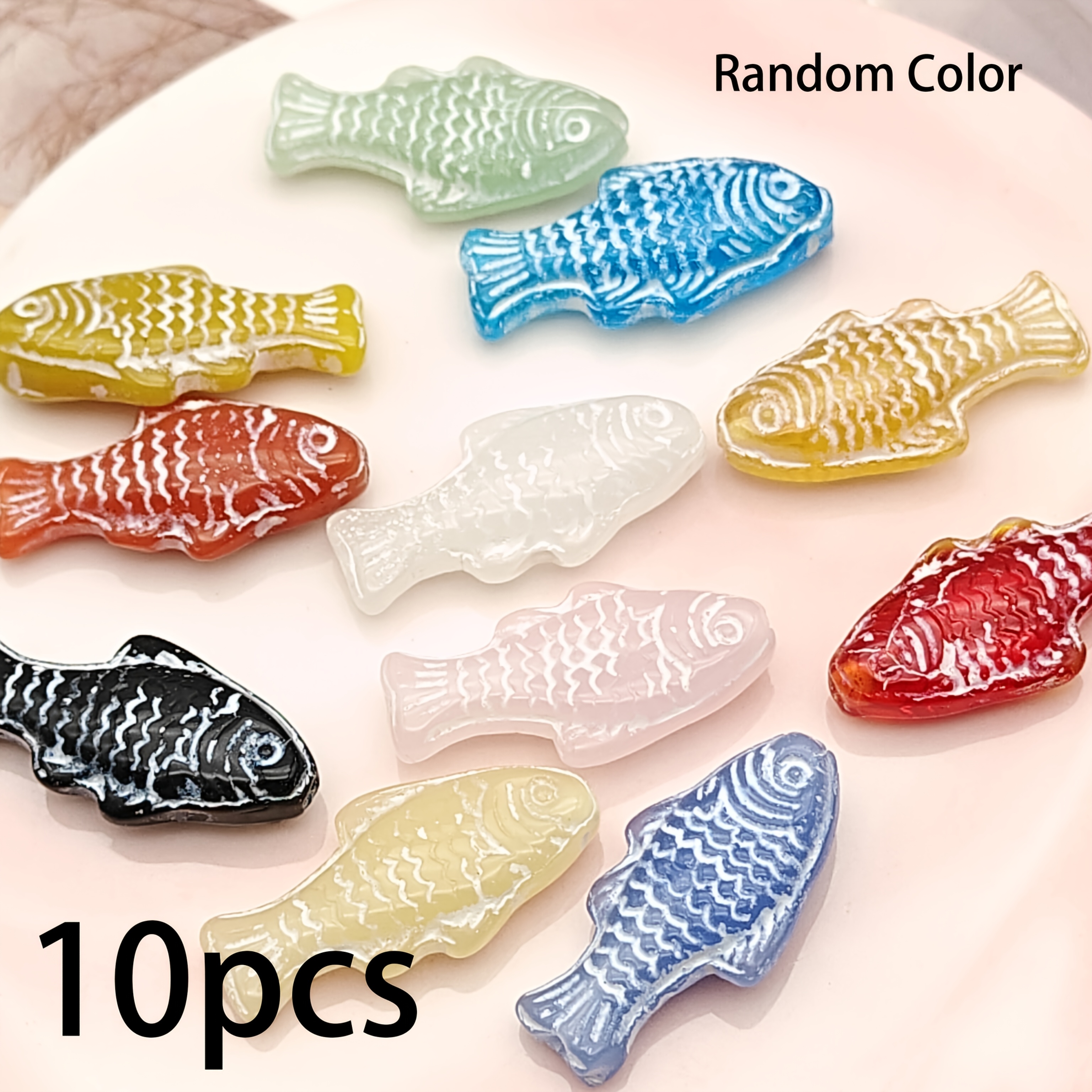 TEMU 10pcs 24x12mm Fish-shaped Glass Beads With Hole Random Colors Jewelry Additions