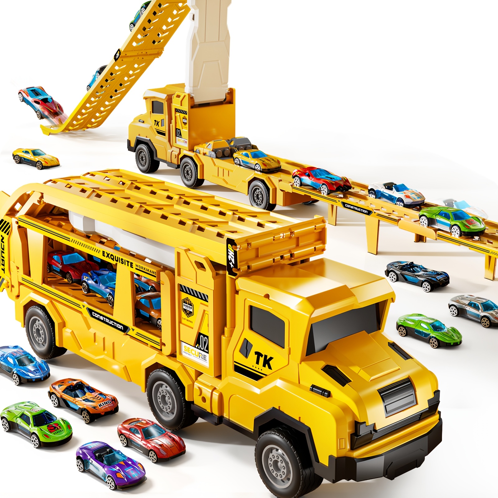 3-in-1 Foldable Transport Race Truck Toy With 12 Alloy Cars For 3+ Years Old, Racing Track With Plastic Structure, No Batteries Required, Interactive Toy, Birthday Christmas Holiday Gift