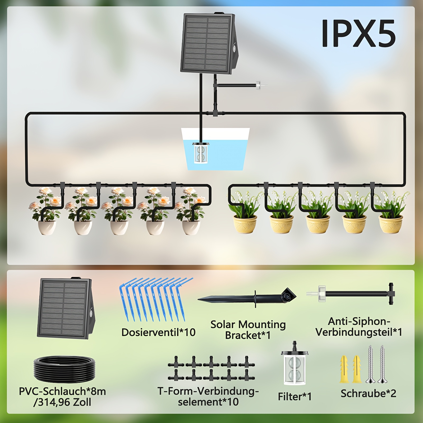 Solar Irrigation Setup - Solar-operated Drip Irrigation System - Rechargeable Battery, Capacity For 10/15 Plants, Adjustable Watering Timer