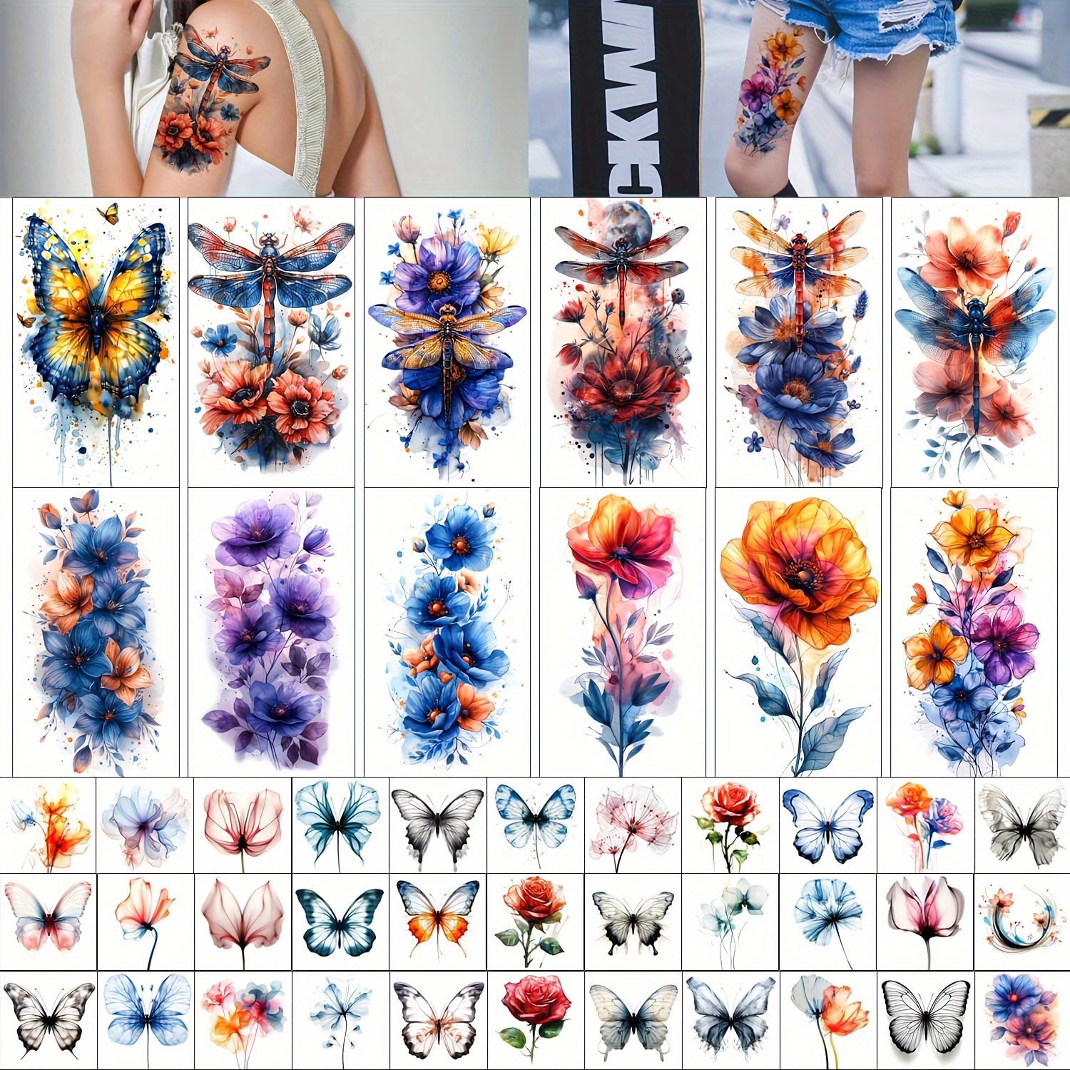 

Valentine's Day 12 Large Size + 33 Small Size Women's Watercolor Tattoo Stickers, Flower, , Dragonfly Design, 3d