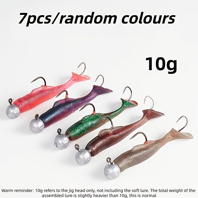 TEMU 7pcs New Lure T-tail Lead Head Soft Bait Hooks, Built-in Lead Head And Double Hooks, T- Design, Realistic Appearance, Suitable For , Pike,