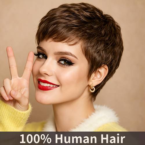 opqhair womens 180 density human hair wig suitable for tones cap brown bangs 6 inch short layered straight hairstyle for daily wear parties holidays festivals hair for bangs volume