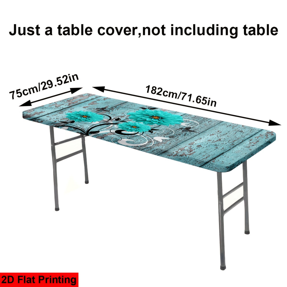 TEMU 1pc 4/ 6ft Blue Wooden Pattern With Blue Flowers Printed Elastic Tablecloth, Washable Outdoor Table Cover With Elastic Edges, Perfect For