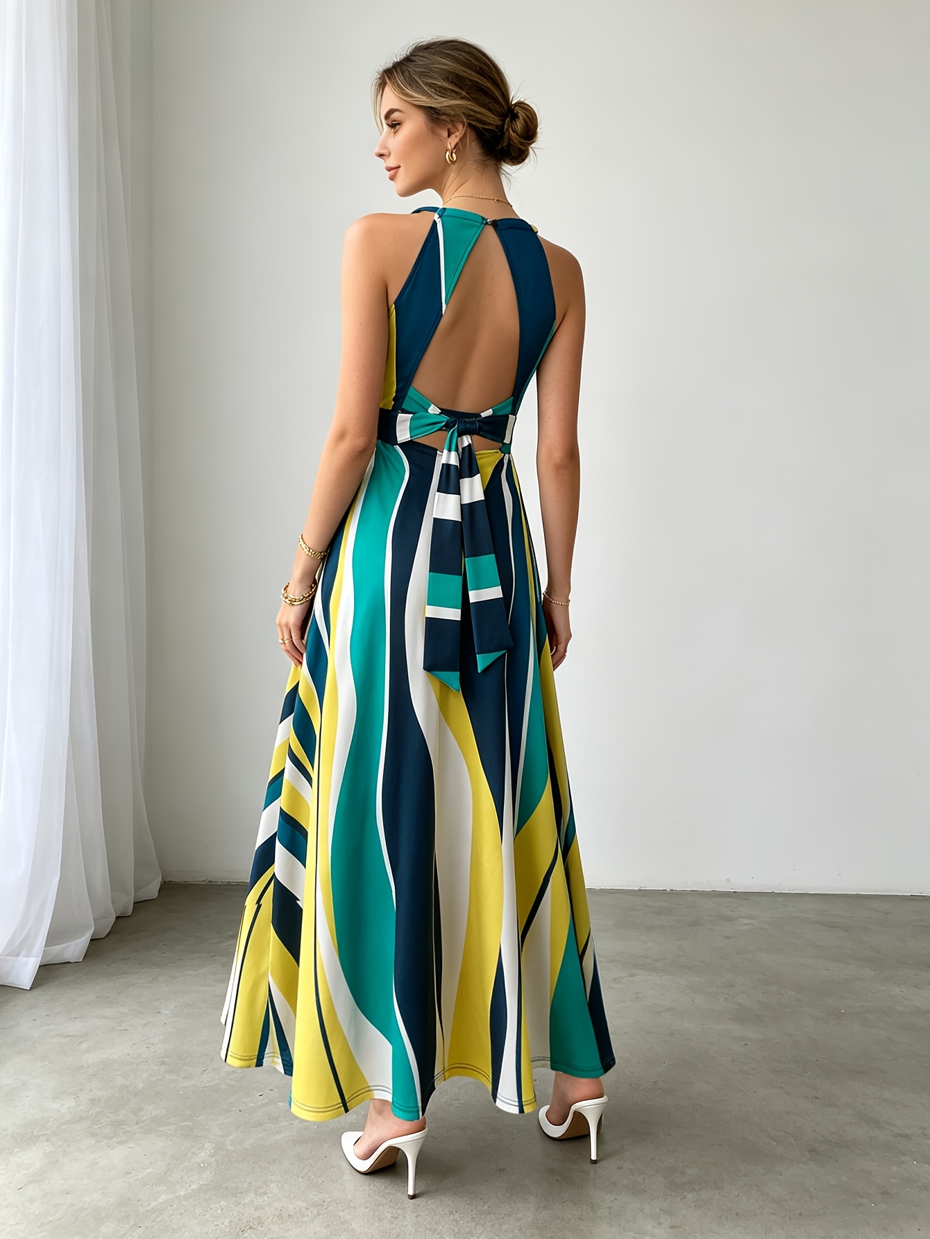 flared beach dress womens halter neck maxi open back tie waist Size:Adult 6