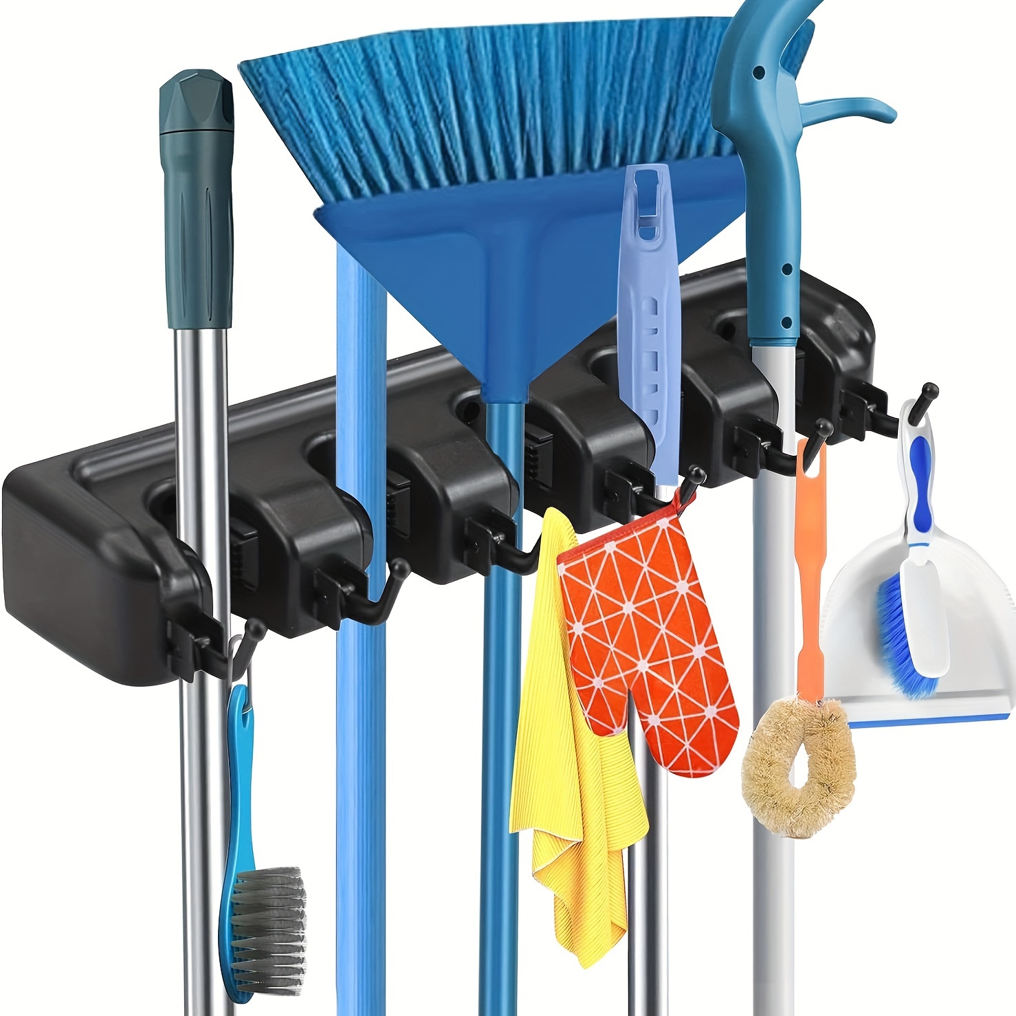 

Space-saving Wall Mounted Broom & Mop Holder With 5 Slots And 6 Hooks - , No-slide Design For Kitchen, Bathroom, Garage Organization - Black, Broom Holder Wall Mount