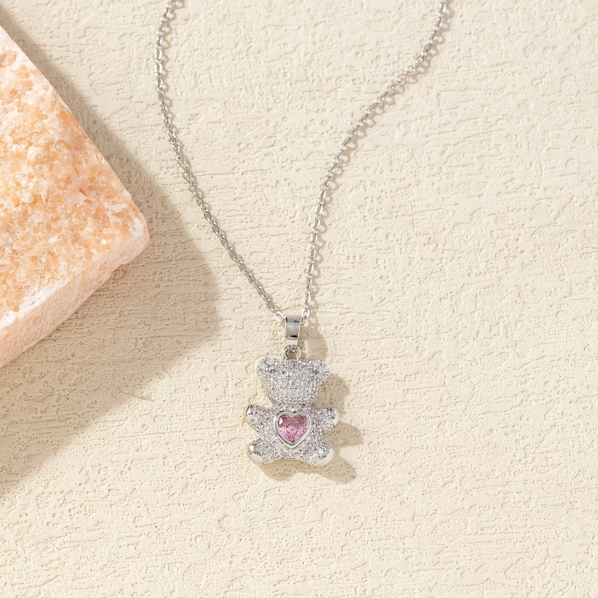 TEMU A Delicate And Adorable -shaped Bear Pendant Copper Necklace, With Synthetic Synthetic Cubic Zirconiaia And Featuring A Stainless Steel Chain.
