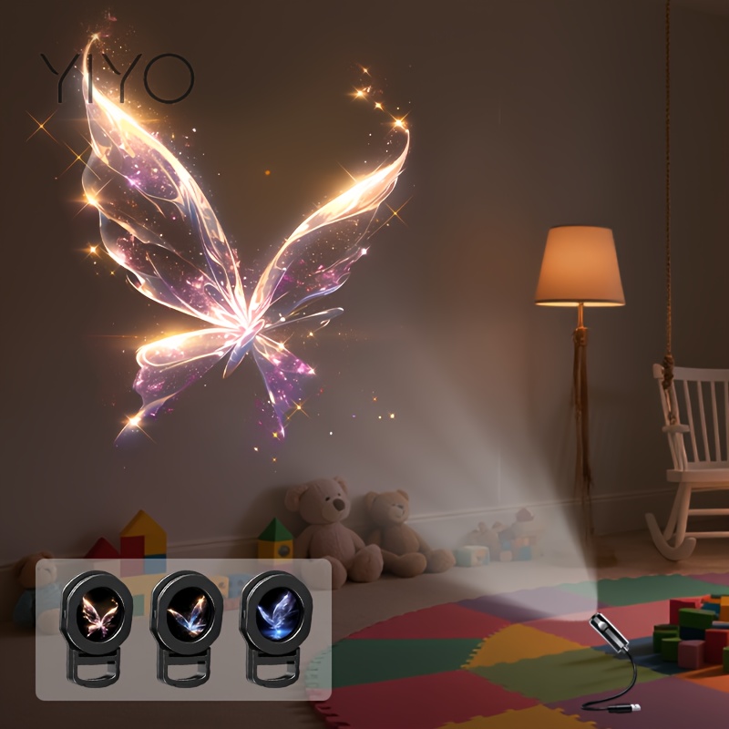 TEMU Lampe de projection LED YIYOLICO USB - pour murs/plafond/table, lumière papillon en cristal avec faisceau, ambiance décorative pour chambre,
