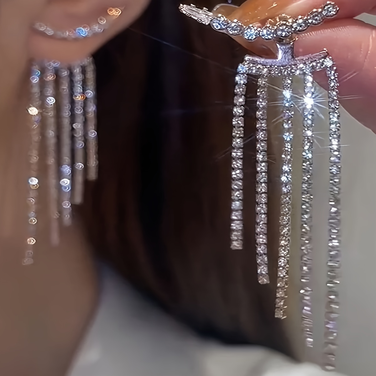 TEMU 1 Pair Of Sparkling Tassel Women's Fashion Earrings Suitable For Parties, Banquets, Weddings, Birthdays, And Other Occasions