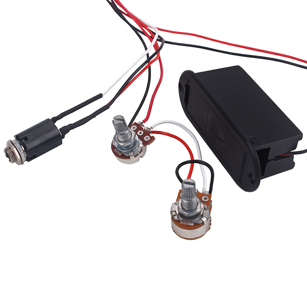 [2-Band EQ Equalizer] 2-Band EQ Equalizer Volume & Bass Boost Switches - Active Pickup Wiring Harness for Electric Guitar, Bass Guitar, and Other Electronic Instruments - Durable ABS Material, Red & Black Wires, Guitar Accessories, Bass Boosters, Electronic Guitar Parts, Sleek Component Design, Sturdy Construction